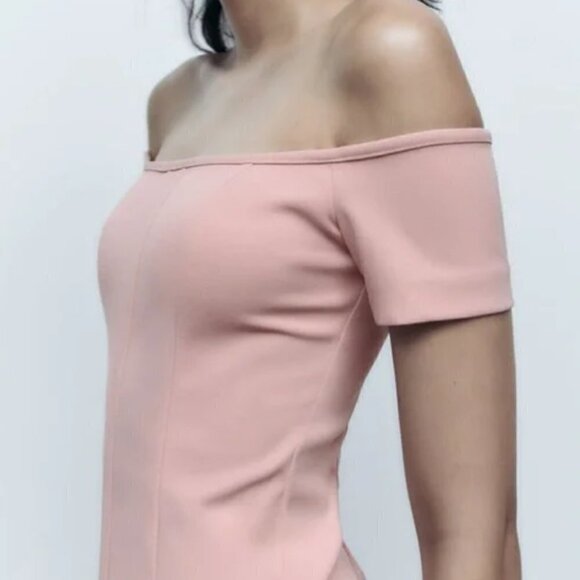 ZARA NWT Baby Light Pink Topstitched Off the Shoulder Bodycon Midi Dress Size M - Picture 5 of 16